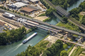 Aerial view, construction site with new construction, railway bridge Emscherbrücke Rollbahn,