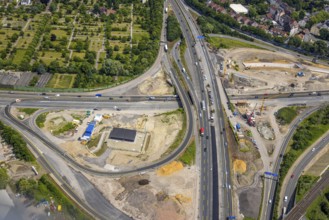 Aerial view, large construction site motorway junction Herne with tunnel construction, motorway A43