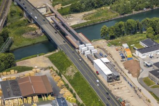 Aerial view, construction site with new construction, railway bridge Emscherbrücke Rollbahn,
