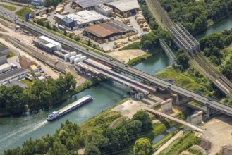 Aerial view, construction site with new construction, railway bridge Emscherbrücke Rollbahn,