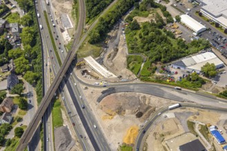 Aerial view, large construction site motorway junction Herne with tunnel construction, motorway A43