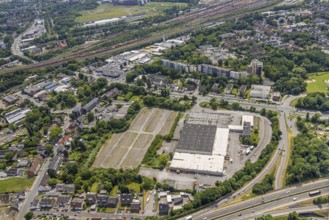 Aerial view, commercial area Toy FoodSystem GmbH company building Wasserstraße, housing estate