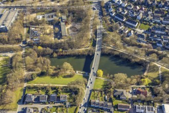 Aerial view, Alexanderstraße bridge over the Ischeland pond Golf von Ischeland, Altenhagen, Hagen,
