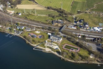 Aerial view, Strandhaus Salitos Beach Hengsteysee Beach Club on the southern shore of Hengstey,
