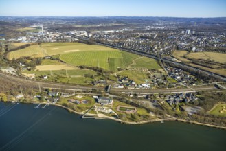Aerial view, Strandhaus Salitos Beach Hengsteysee Beach Club on the southern shore of Hengstey,