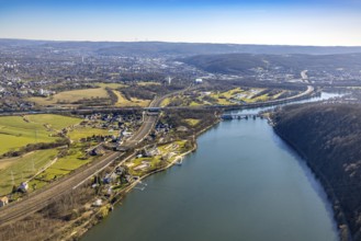 Aerial view, Hengsteysee, railway line and motorway A1 with view to the run-of-river power station