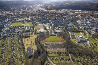 Aerial view, sports facility Ischelandstadion, football stadium, Altenhagen, Hagen, Ruhr area,