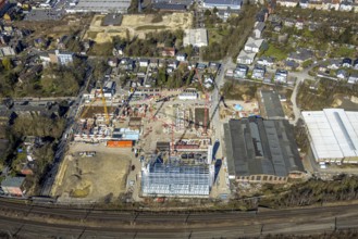 Aerial view, construction site and demolition work for new FunkenbergQuartier between Baumstraße