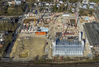 Aerial view, construction site and demolition work for new FunkenbergQuartier between Baumstraße