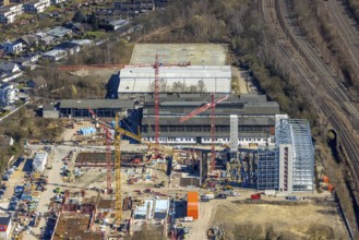 Aerial view, construction site and demolition work for new FunkenbergQuartier between Baumstraße