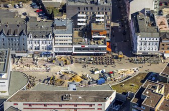 Aerial view, WAZ Medienhaus am Robert-Brauner-Platz, Cafe Extrablatt and construction site,