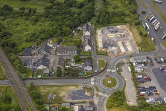 Aerial view, roundabout Zum Logistikpark and Schlossstraße with construction site Ginsterweg, Unser