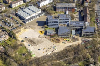 Aerial view, Mont-Cenis comprehensive school with solar roof, construction site, Sodingen, Herne,