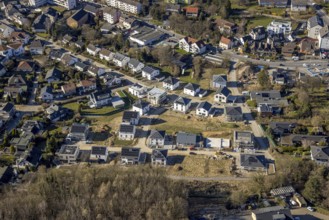 Aerial view, residential area construction site with new single-family houses Auf der Gehre, Emst,