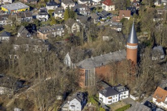 Aerial view, Catholic Church of the Holy Spirit with round tower, Emst, Hagen, Ruhr area, North