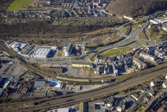 Aerial view, railway station rear view, park and green area Bohne and Varta Island, residential