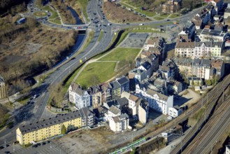 Aerial view, railway station rear view, park and green area Bohne and Varta Island, residential