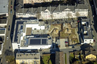 Aerial view, housing estate and playground redesign with construction site between Wehringhausen