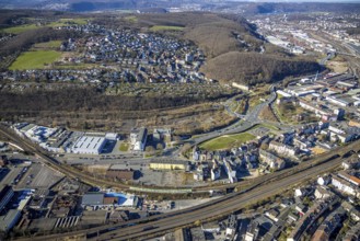 Aerial view, railway station rear view, park and green area Bohne, Varta Island and rear district