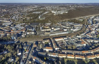Aerial view, Volmetal bridge in residential area, view of Oberhagen district, medium-sized town,