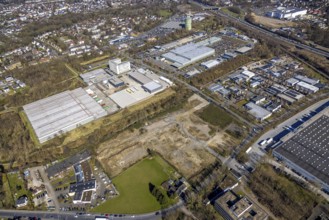 Aerial view, Sanacorp in the industrial area Lindenallee and Koniner Straße, fallow land at