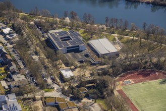 Aerial view, Friedrich-Harkort-Schule with solar roof, Herdecke, Ruhr area, North Rhine-Westphalia,