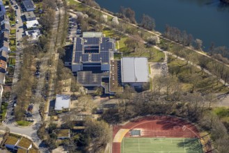 Aerial view, Friedrich-Harkort-Schule with solar roof, Herdecke, Ruhr area, North Rhine-Westphalia,