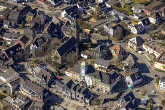 Aerial view, town hall in the old town building site with renovation and covered house facade with
