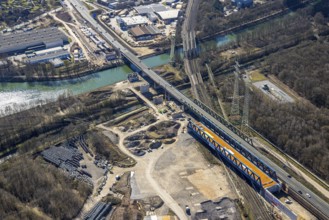 Aerial view, Rhine-Herne Canal, Emscher Bridge Rollbahn (Wanne-Eickel - Hamburg), motorway bridge