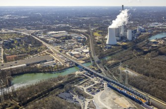 Aerial view, Rhine-Herne Canal, STEAG cogeneration plant Herne and cooling tower with steam cloud,
