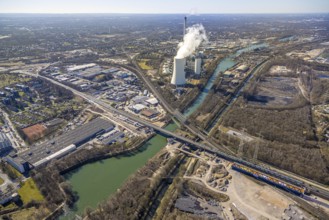 Aerial view, Rhine-Herne Canal, STEAG cogeneration plant Herne and cooling tower with steam cloud,