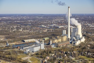 Aerial view, STEAG cogeneration plant Herne and cooling tower with steam cloud at the