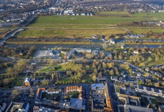 Aerial view, Hammonense grammar school and water sports centre, River Lippe and Datteln-Hamm Canal,