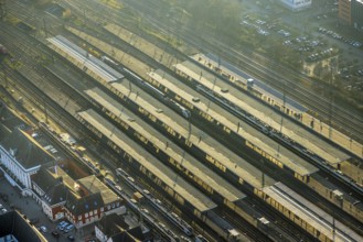 Aerial view, central station Hbf with covered platforms, centre, Hamm, Ruhr area, North