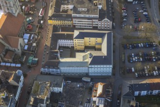 Aerial view, town hall and educational centre on the market square, pedestrian zone with Christmas