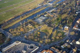 Aerial view, Hammonense grammar school and water sports centre, Nordring Park and River Lippe and