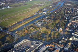 Aerial view, Hammonense grammar school and water sports centre, River Lippe and Datteln-Hamm Canal,