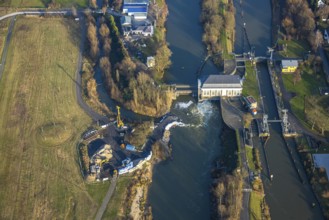 Aerial view, construction site at Hamm lock, river Lippe and Datteln-Hamm canal, centre, Hamm, Ruhr