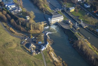 Aerial view, construction site at Hamm lock, river Lippe and Datteln-Hamm canal, centre, Hamm, Ruhr