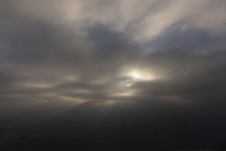 Aerial view, sun and clouds in the fog, district Herringen, Hamm, Ruhr area, North