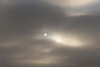 Aerial view, sun and clouds in the fog, district Herringen, Hamm, Ruhr area, North