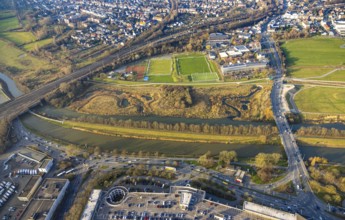 Aerial view, football stadium sports facility at HAMTEC industrial estate, river Lippe and