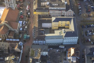 Aerial view, town hall and educational centre on the market square, pedestrian zone with Christmas