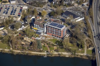 Aerial view, Hotel Zweibrücker Hof with solar roof and beer garden, Action Supermarket, roundabout