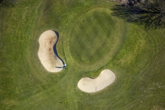 Aerial view, golfing in Herdecke, golf player on the golf course and bunker, Ostend, Herdecke, Ruhr