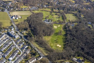 Aerial view, golfing in Herdecke, golf player on the golf course and bunker, Ostend, Herdecke, Ruhr