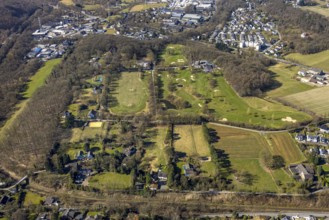 Aerial view, golfing in Herdecke, golf course and bunker, residential area Ostend, Herdecke, Ruhr