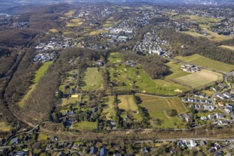 Aerial view, golfing in Herdecke, golf course and bunker, residential area Ostend, Herdecke, Ruhr