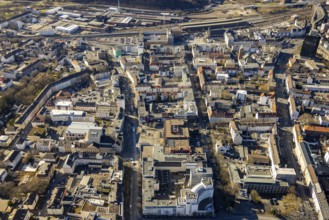 Aerial view, central station and city view with Bahnhofstraße, city centre, Hagen, Ruhr area, North