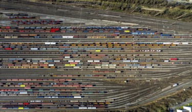 Aerial view, Vorhalle marshalling yard and railway tracks, goods trains, shapes and colours,